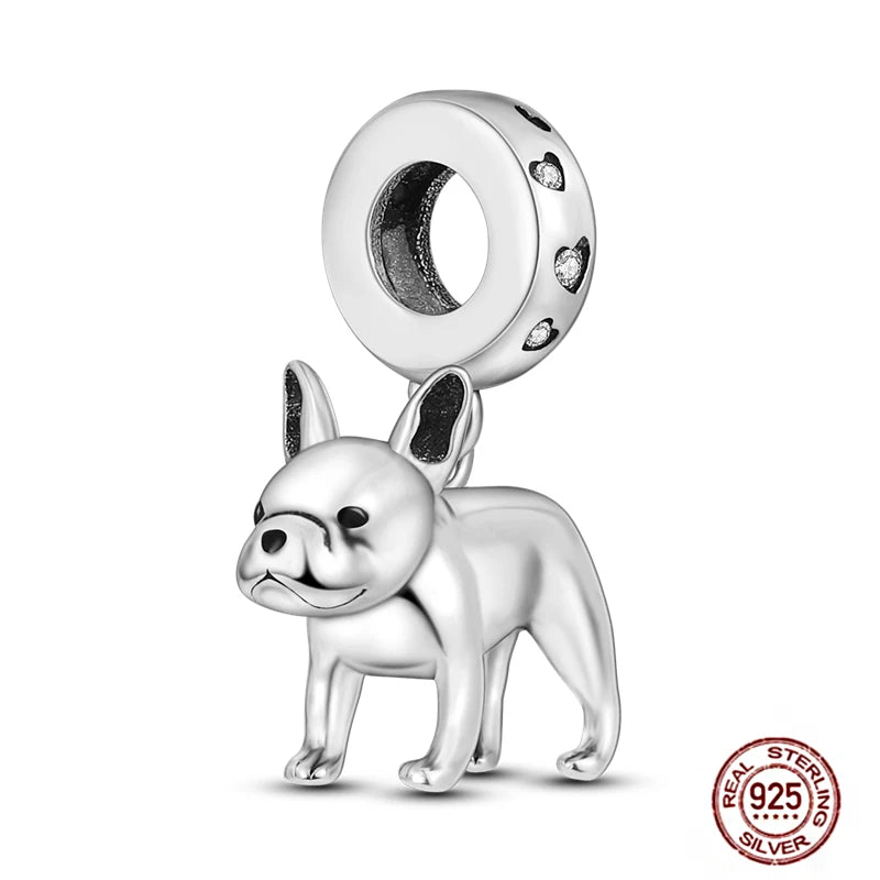 Cute 925 sterling silver French Bulldog charm pendant for bracelets. Detailed dog bead for personalized pet jewelry.