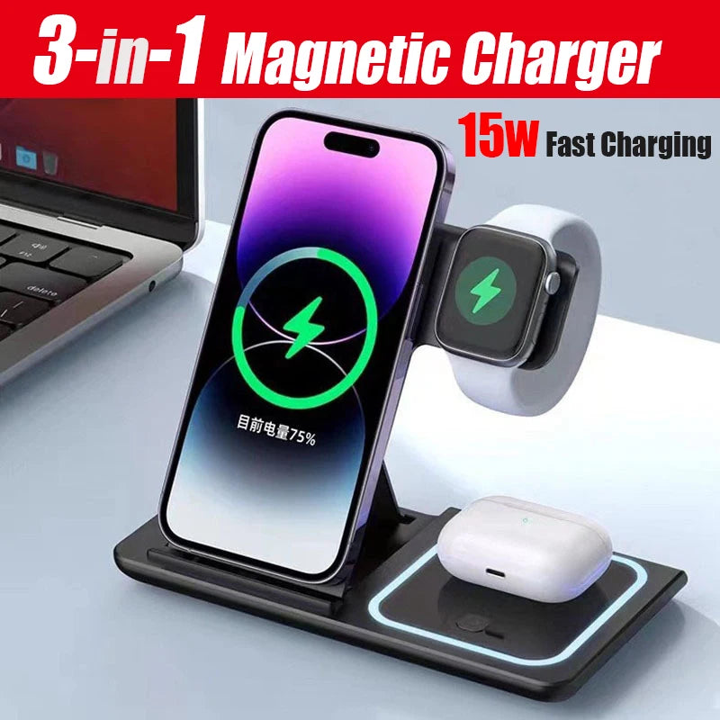 3-in-1 Foldable Wireless Charger - Qi Certified Multi-Device Station Default Title Tidesmit