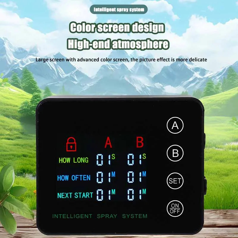 Black mist spray system controller with LED timer screen and set/on/off controls