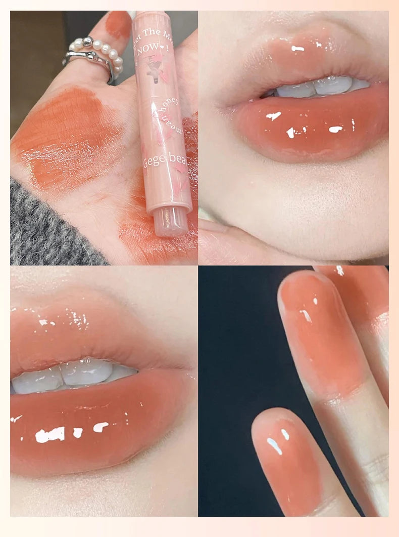 Gege Bear Floral Whisper lipstick: glossy peach jelly finish, moisturizing shine, and heart-shaped bullet applicator.