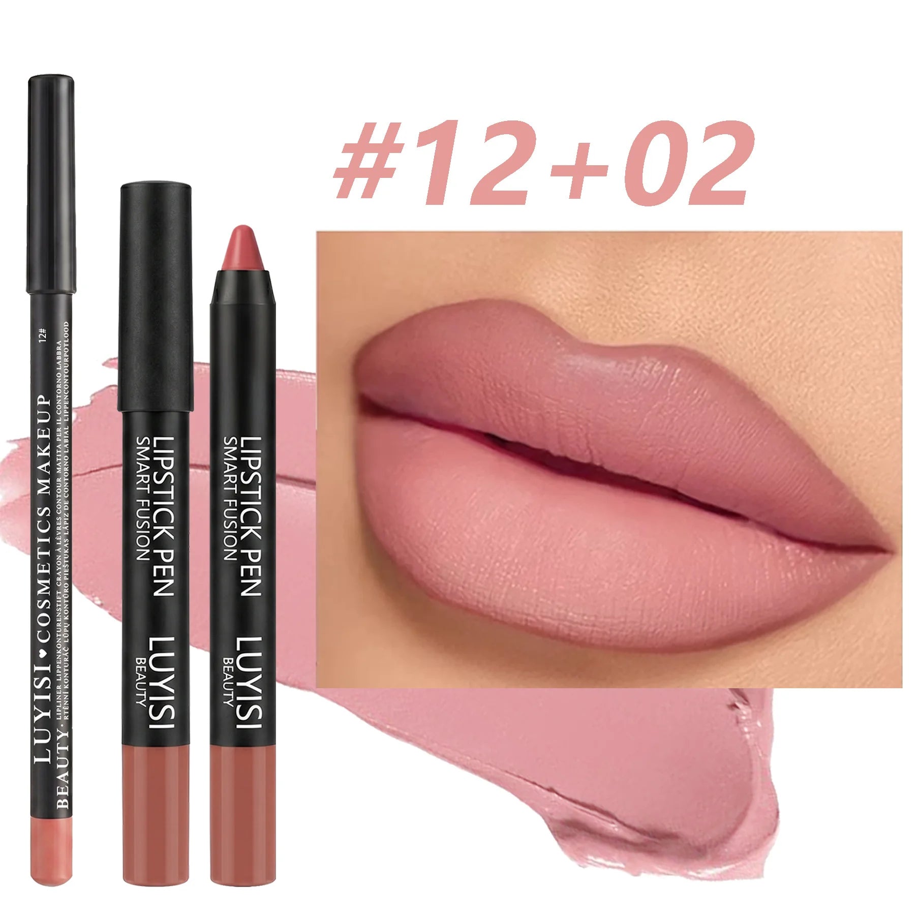 2pcs velvet lip set with matte lip liner and waterproof lipstick pencil in a dusty rose shade for a smooth finish.
