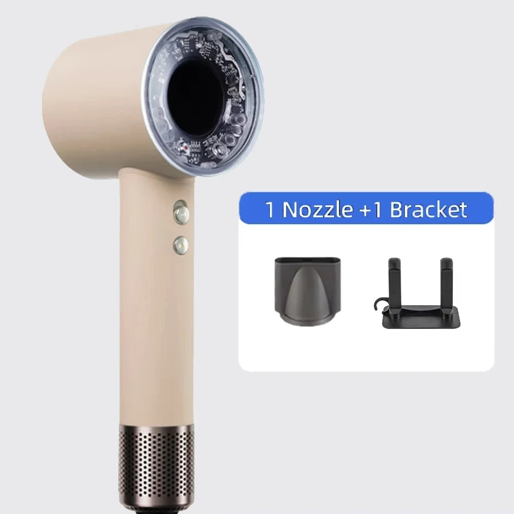Beige 1200W ionic hair dryer with concentrator nozzle and wall bracket. Professional, lightweight, fast-drying blow dryer.