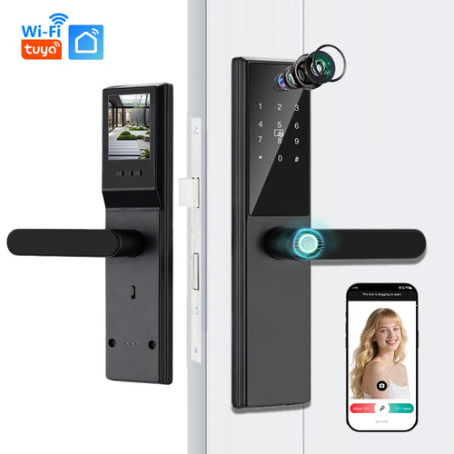 Smart wooden door lock with keypad, camera, and fingerprint sensor; black lever handle