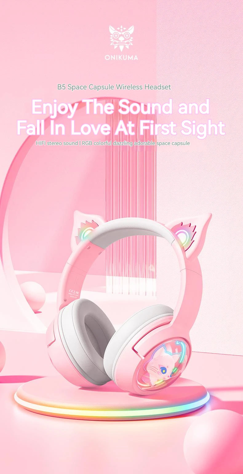 Wireless Cat Ear Gaming Headset | Low Latency Over-Ear Headphones Tidesmit