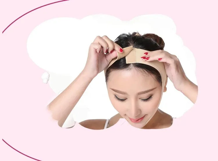 A woman securing a beige, elastic V-line face slimming bandage around her head and chin.
