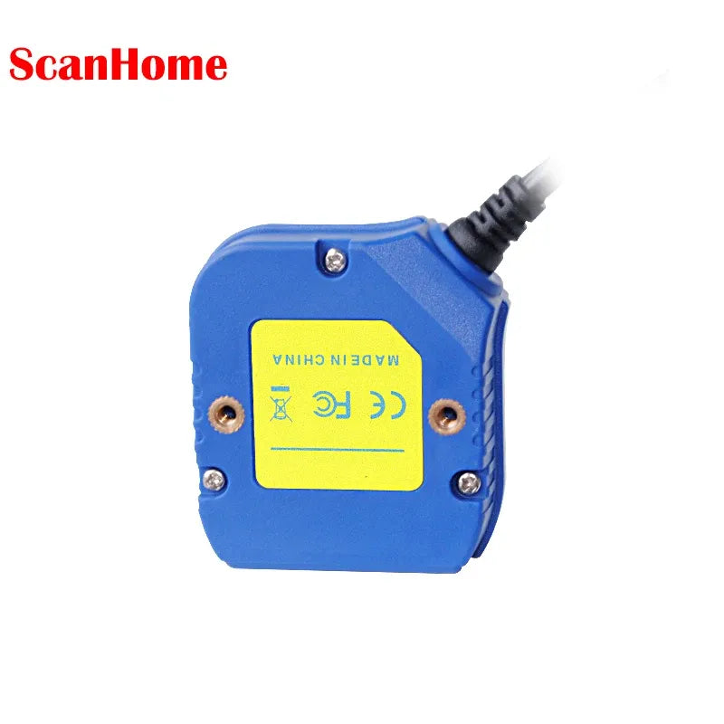 Blue barcode scanner back with yellow label and attached black power cable