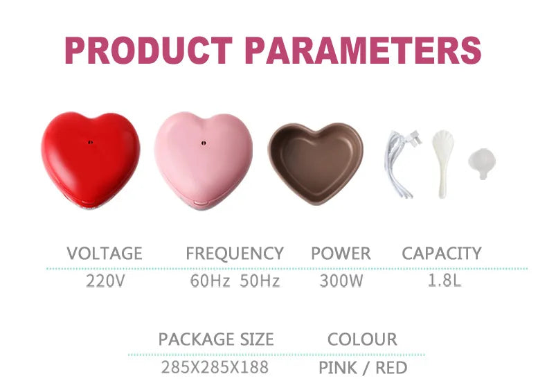 Pink 1.8L heart-shaped rice cooker parameter diagram with voltage and capacity