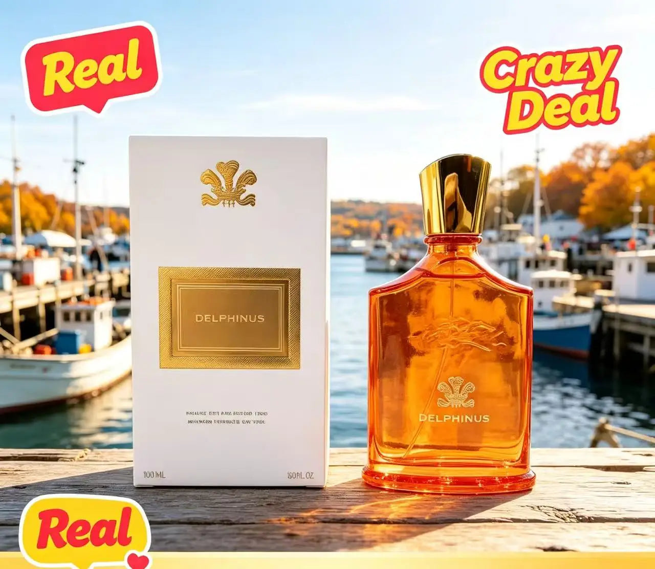Delphinus unisex EDP perfume in an amber bottle with a gold cap, featuring an elegant white and gold product box.