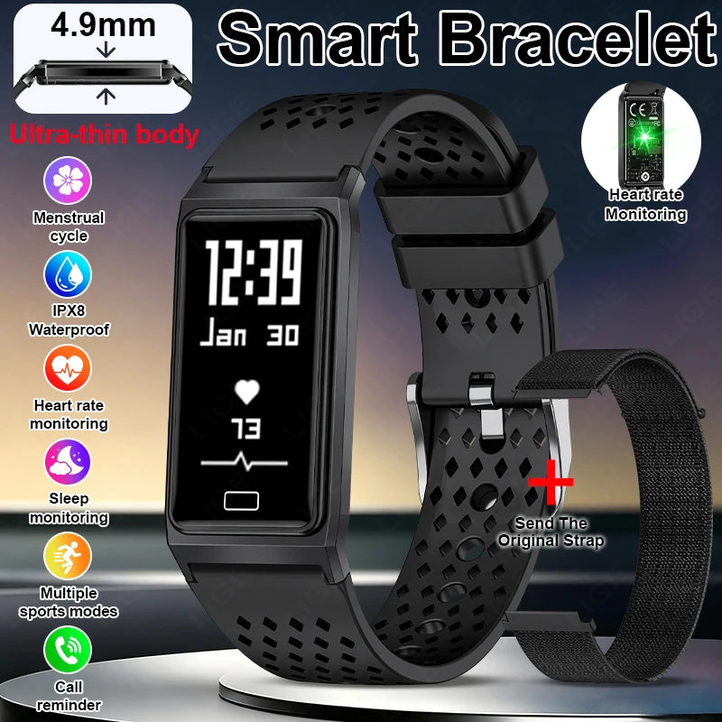 Ultra-thin smart bracelet with black perforated strap and rectangular screen showing 11:10