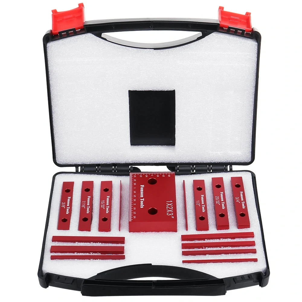 Aluminum height gauge kit in case with red setup blocks and measurement bars