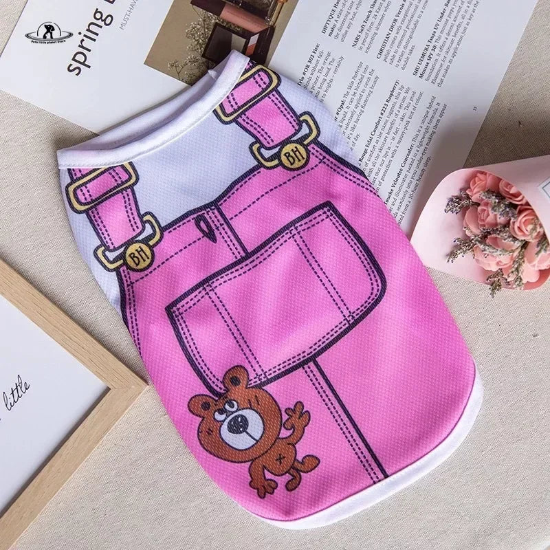 Cute pink cartoon puppy vest shirt for small dogs. Breathable summer pet clothing with teddy bear print for comfort.