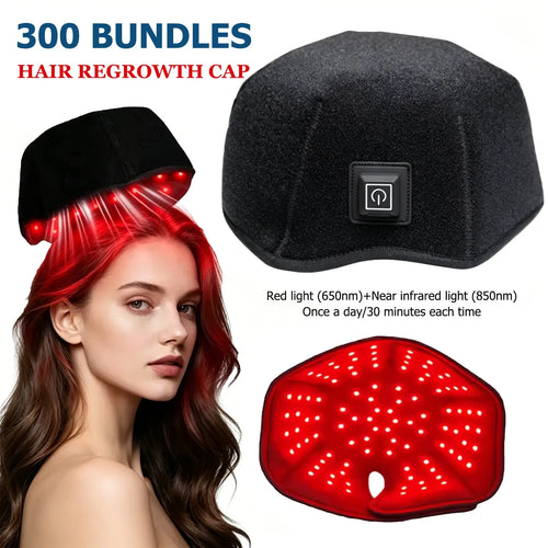 Red light therapy hair regrowth cap, round LED device, 650nm/850nm wavelengths for wellness and hair restoration.