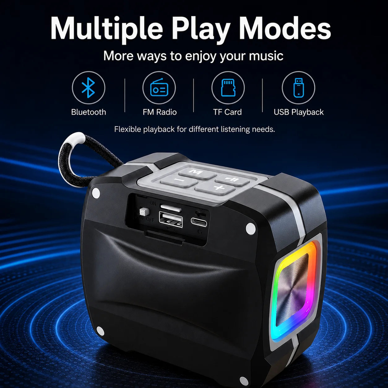 Portable Bluetooth Speaker, Bluetooth 5.3, TWS Pairing, 52mm Driver, 5W Output, 1200mAh Battery, RGB Light, FM Radio, TF Card and USB Playback, IPX6 Water Resistant Design for Outdoor, Camping, Travel and Home Use