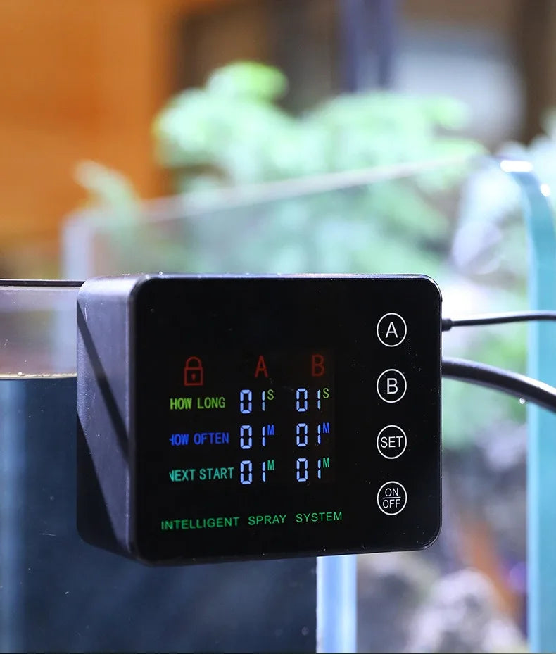 Outdoor mist spray system controller box mounted on a stand with LED controls