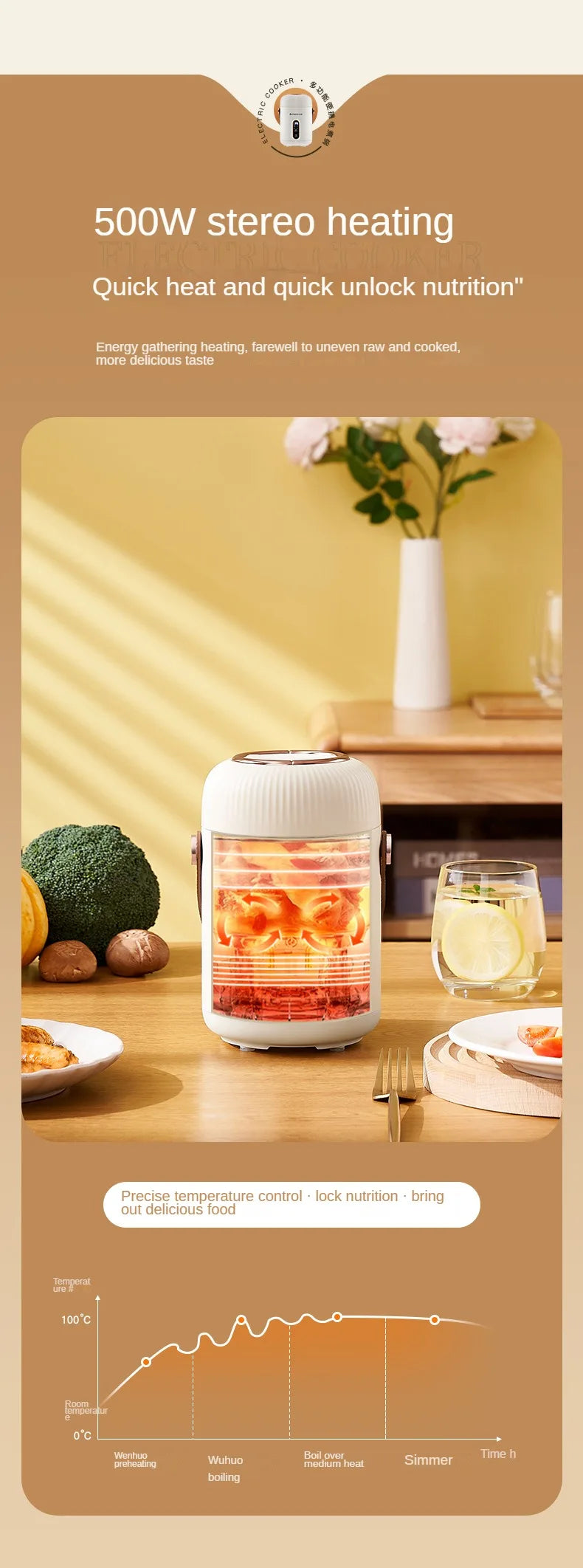 White countertop electric stewing cup slow cooker with glowing heating display