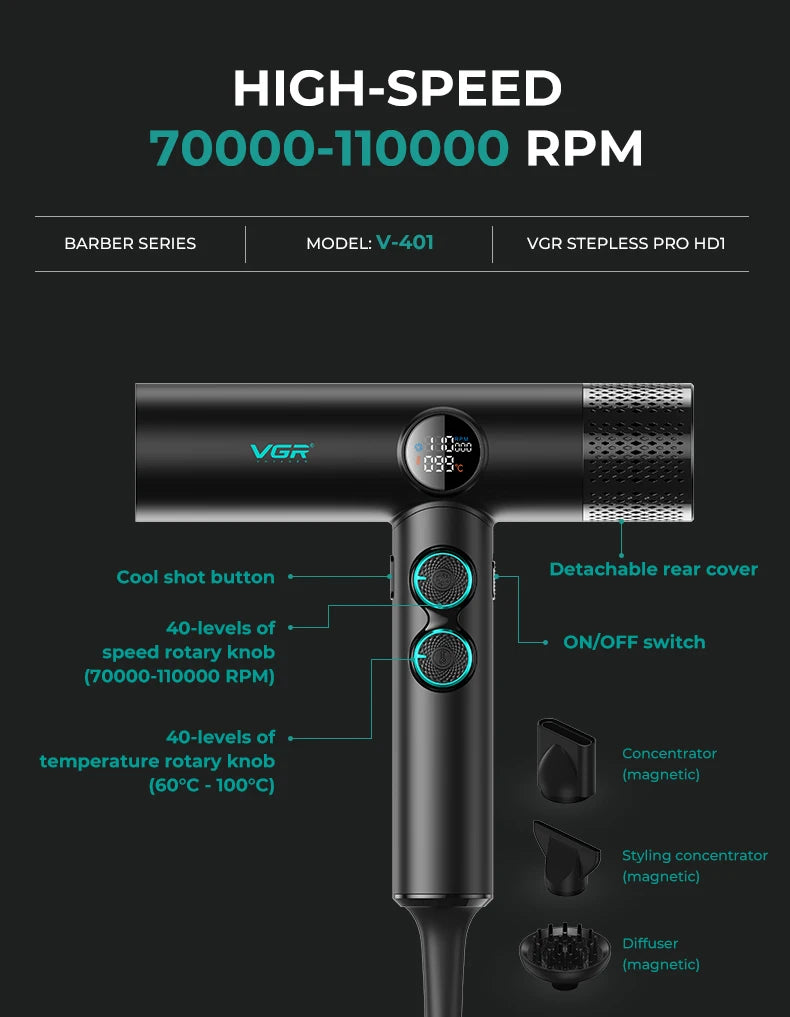 VGR V-401 black leafless hair dryer with magnetic nozzles, digital display, and high-speed professional styling controls.