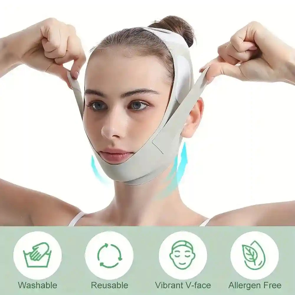 A woman wears a beige, elastic V-line face slimming bandage strap fastened over her head and chin.