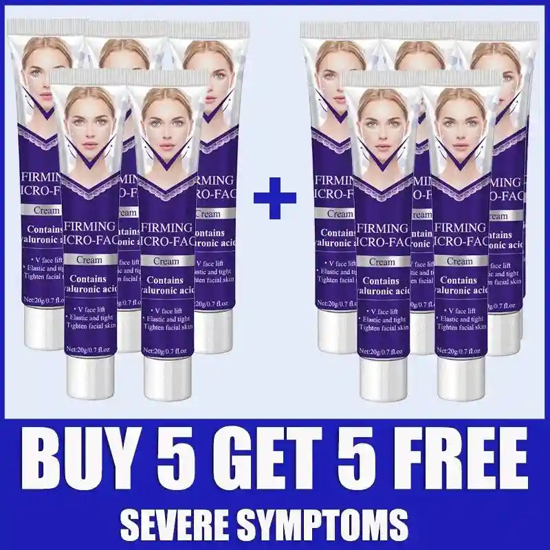 Ten tubes of V-line face firming cream with purple labels featuring a woman’s face, labeled "Buy 5 Get 5 Free."