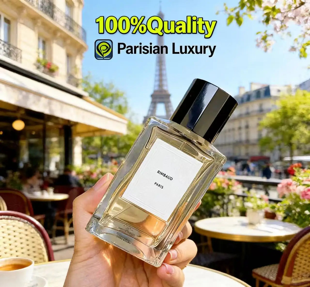 Rimbaud Paris long-lasting unisex perfume in a rectangular glass bottle with black cap against Eiffel Tower background.