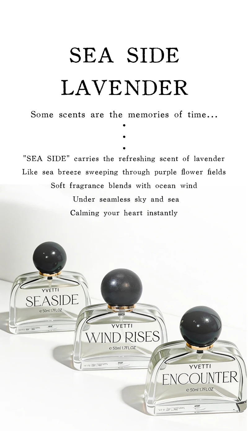 Yvettei Seaside Lavender floral perfume for women. Luxury 50ml glass bottle with round cap, long-lasting light scent.