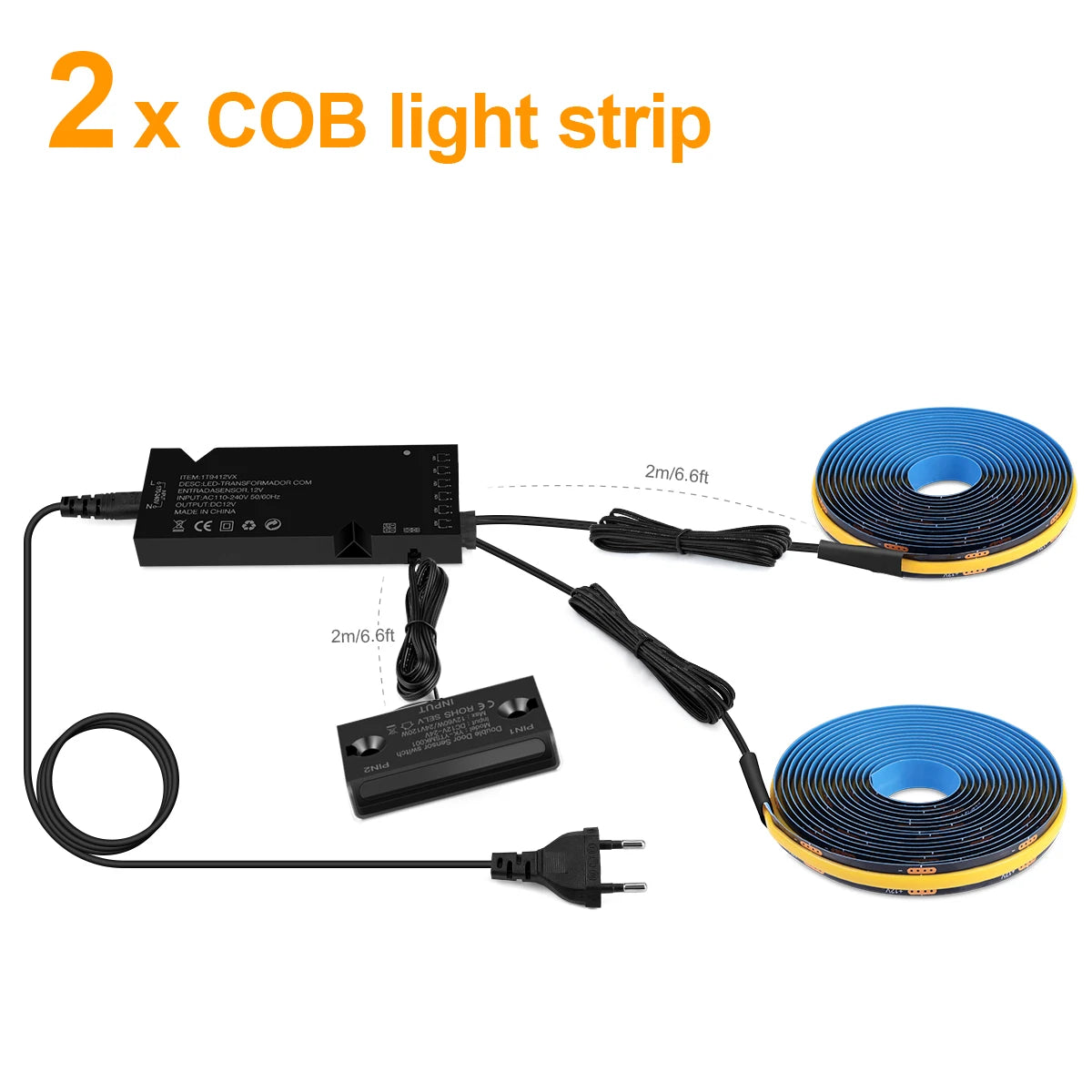 COB LED light strip kit with black controller, blue strips, wiring and plug (2 strips)
