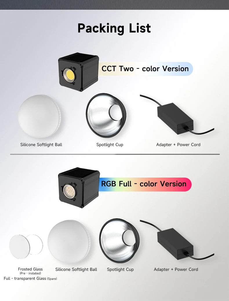 Packing list: COB studio light, silicone softlight ball, spotlight cup, power adapter, and glass accessories.