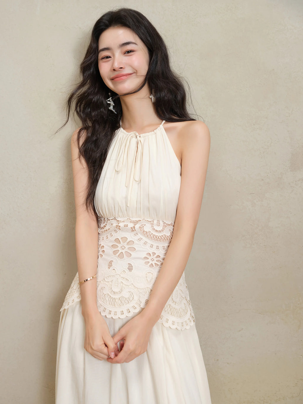 Lace Halter Maxi Dress Women Summer A-Line Slim Fit French Style Elegant Long Dress Hollow Out Sleeveless Fake Two-Piece Outfit