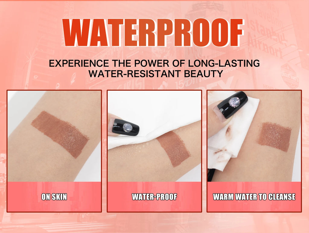Waterproof liquid matte lip liner swatch in brown showing smudge-proof, long-lasting texture and easy cleansing.