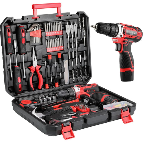 Cordless screwdriver tool set in open black case with red-and-black drill and bits