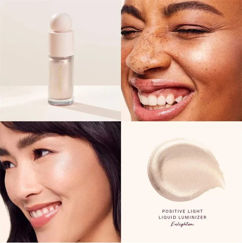 Rare Beauty Positive Light Liquid Luminizer in Enlighten: champagne gold shimmer highlighter swatch and glowy skin finish.