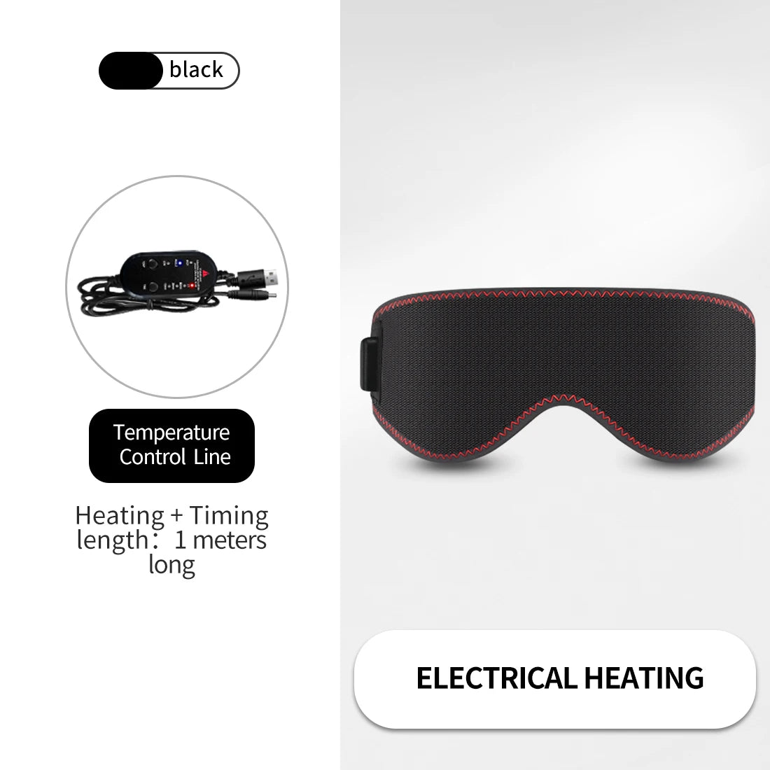 Black electric heated eye mask with red stitching, shown with its temperature control cord and 1-meter cable.