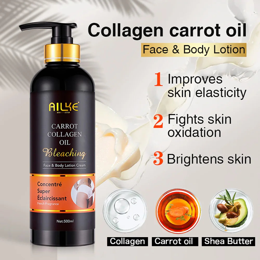 Carrot collagen oil bleaching face & body lotion bottle with gold pump and cream swirl