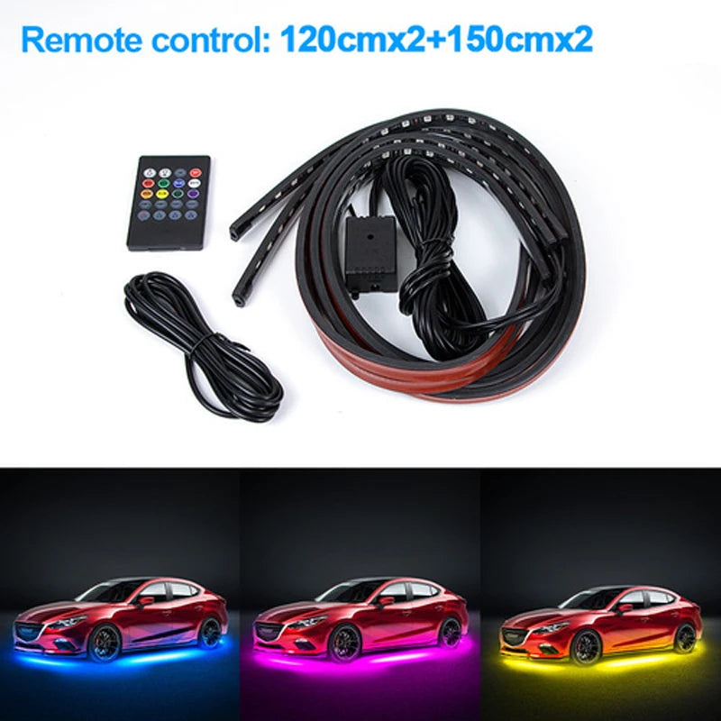 LED car underglow light strips (two 120cm, two 150cm) with a remote controller for customizable multi-color lighting.
