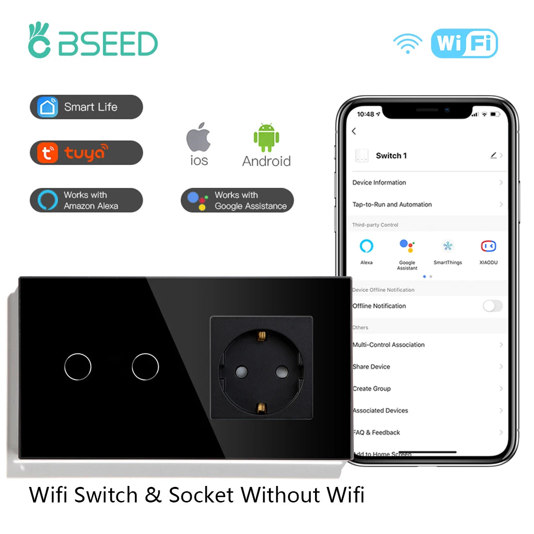 Wifi Smart Light Switch | 1-3 Gang Touch Control | Alexa & Google Compatible 2Gang EU Socekt EU standard Tidesmit