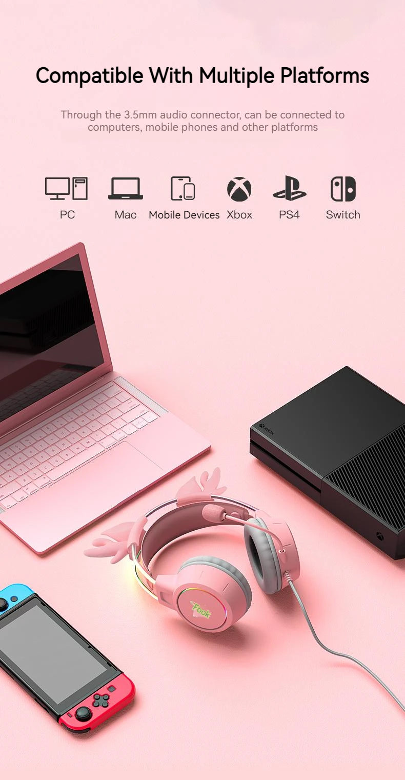 Pink Gaming Headphones with Cat Ears, RGB Mic, and Low Latency Audio Tidesmit