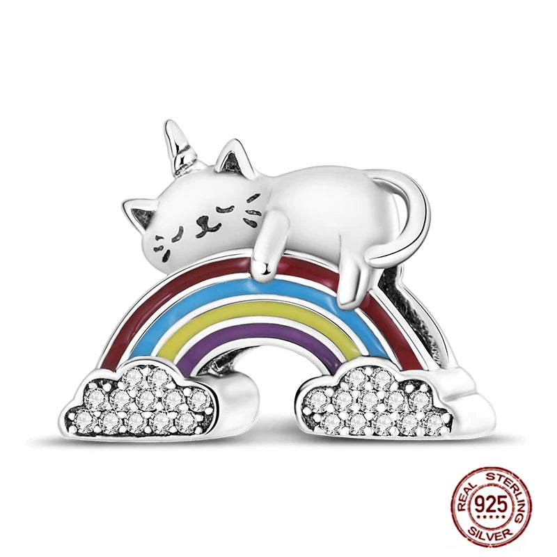 925 sterling silver cat unicorn charm on rainbow with crystals for DIY bracelets, perfect gift for pet lovers.