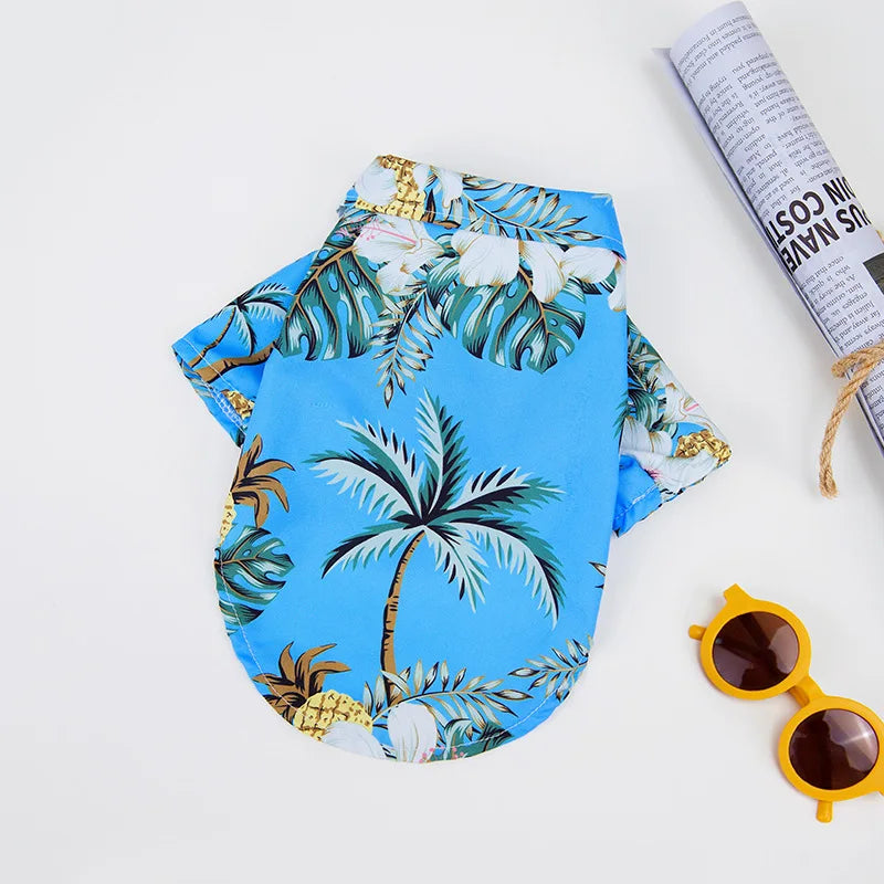 Blue tropical Hawaiian dog shirt for summer. Breathable, comfortable pet t-shirt for small to large dogs. XS-5XL size.