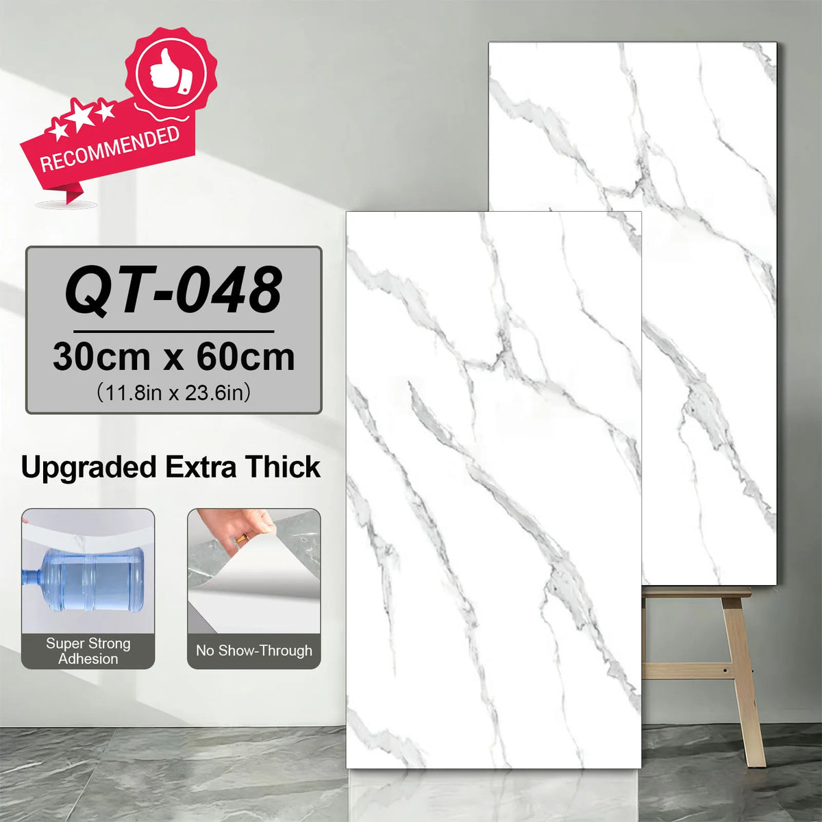 Self-adhesive marble tile sticker, white with bold gray streaks, 30x60cm