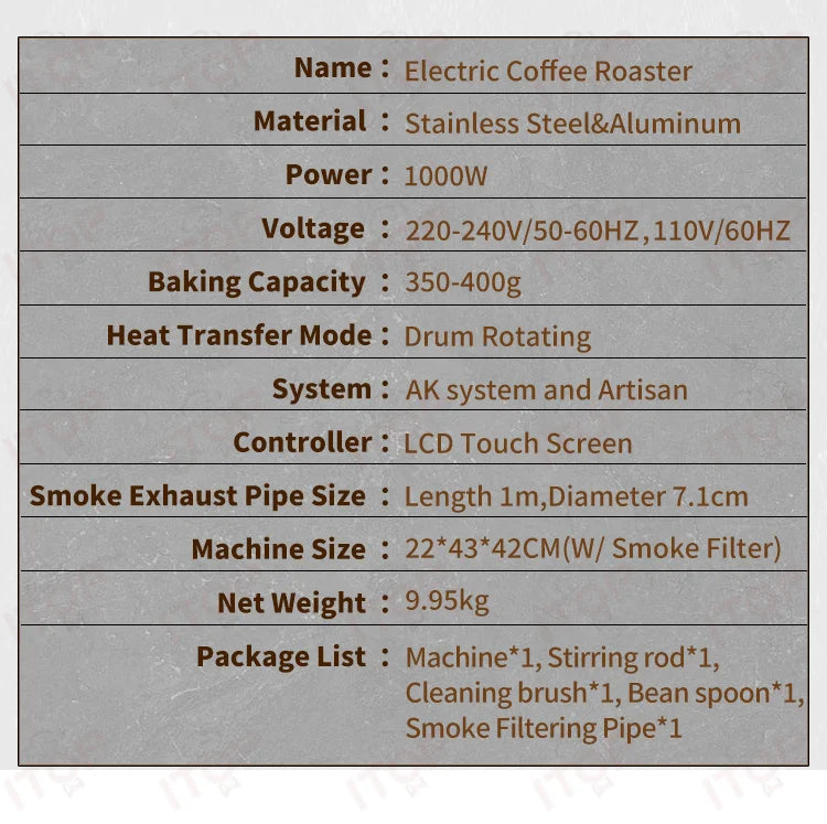Electric coffee roaster spec sheet: 1000W stainless steel and aluminum drum roaster with 400g capacity and LCD screen.