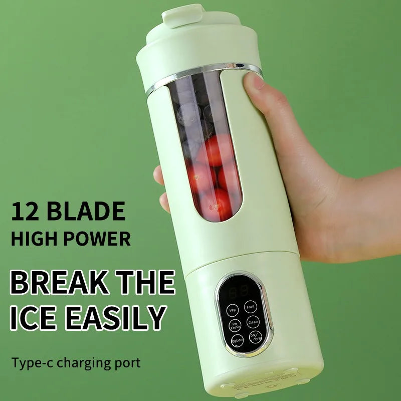 Tidesmit 530ml portable wireless blender with 12 blades and 4 gears for crushing ice, shown from a side angle.