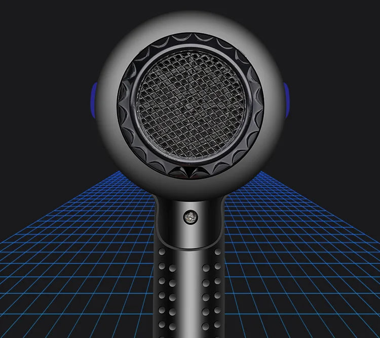 Professional black hair dryer with textured grip, rear mesh vent, and blue accents for salon and home use.