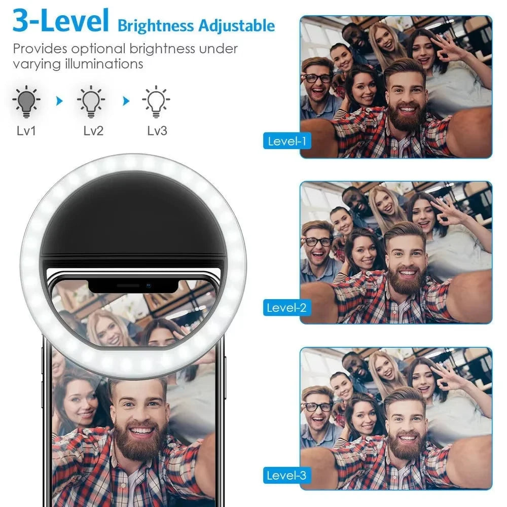 Clip-on round LED ring light for smartphones with three adjustable brightness levels for improved selfie lighting.