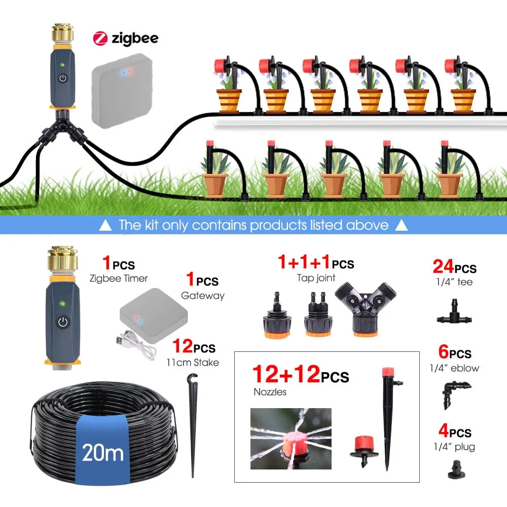 20m Garden Zigbee Timer Multiple Types of Sprinkler Irrigation Kit 1/4'' Hose Smart Application Remote Control Watering System