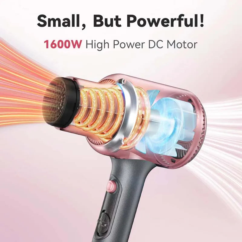 Rose gold professional 1600W hair dryer with powerful DC motor, showing internal heating element and fan design.
