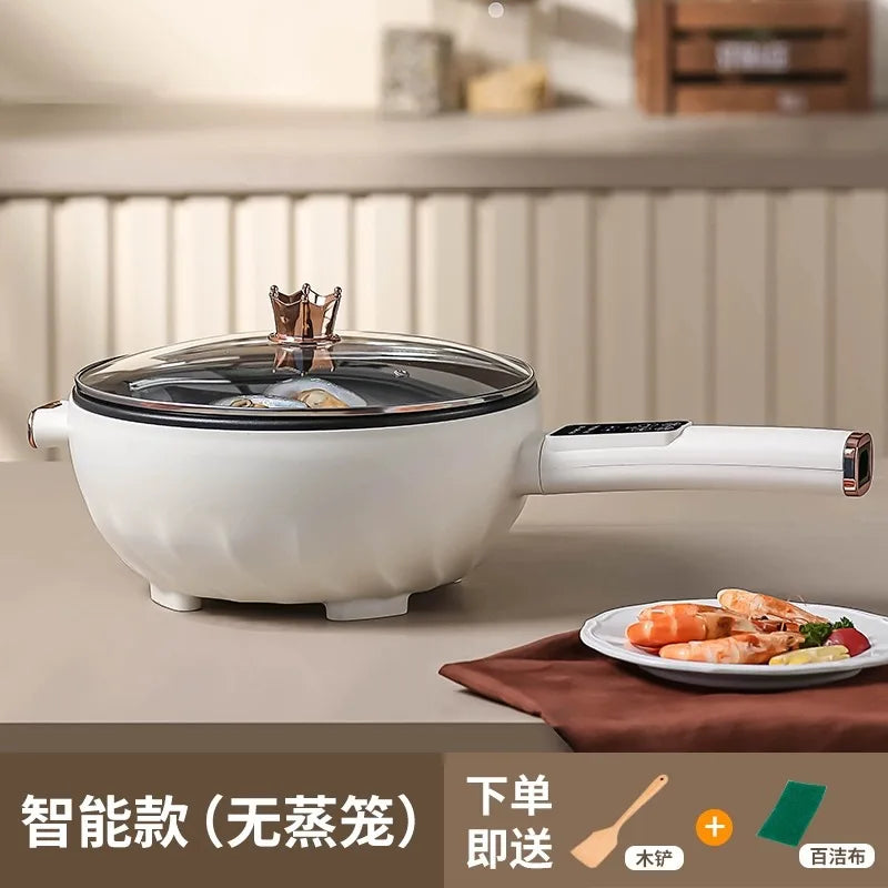 Large capacity white electric cooking pot with clear glass lid and handle