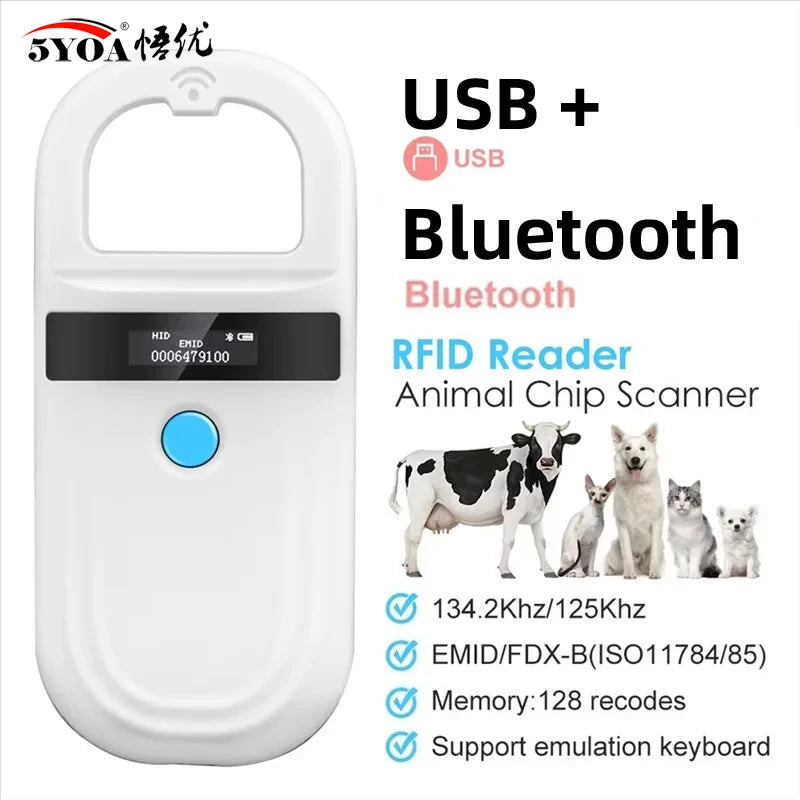 White handheld 5YOA animal microchip scanner with OLED display for dog, cat, and pet identification via RFID.
