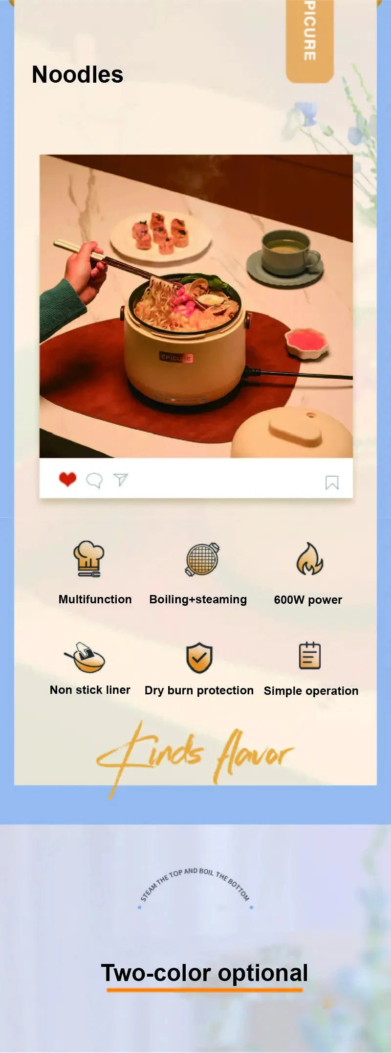 White electric cooker shown on packaging-style graphic, EPICURE