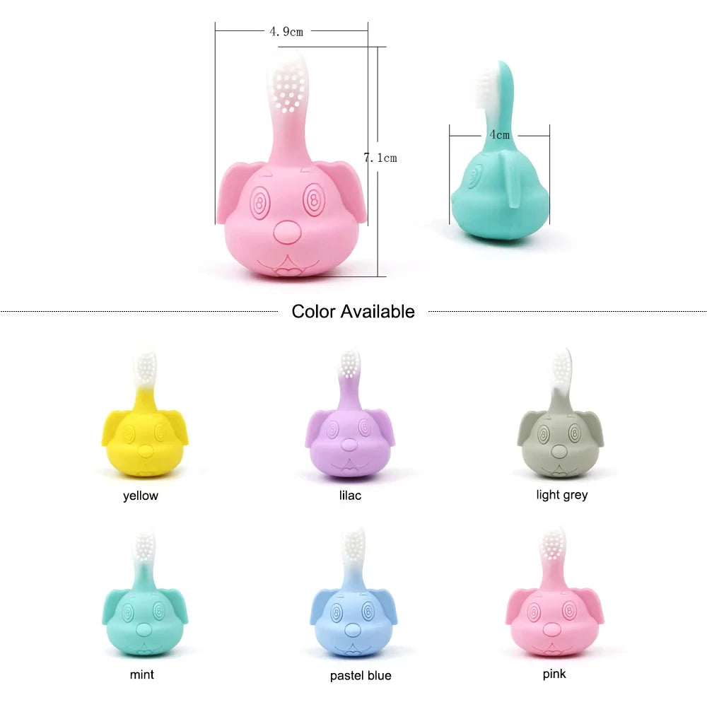 Silicone dog teething toy for babies available in yellow, lilac, grey, mint, blue, and pink colors.