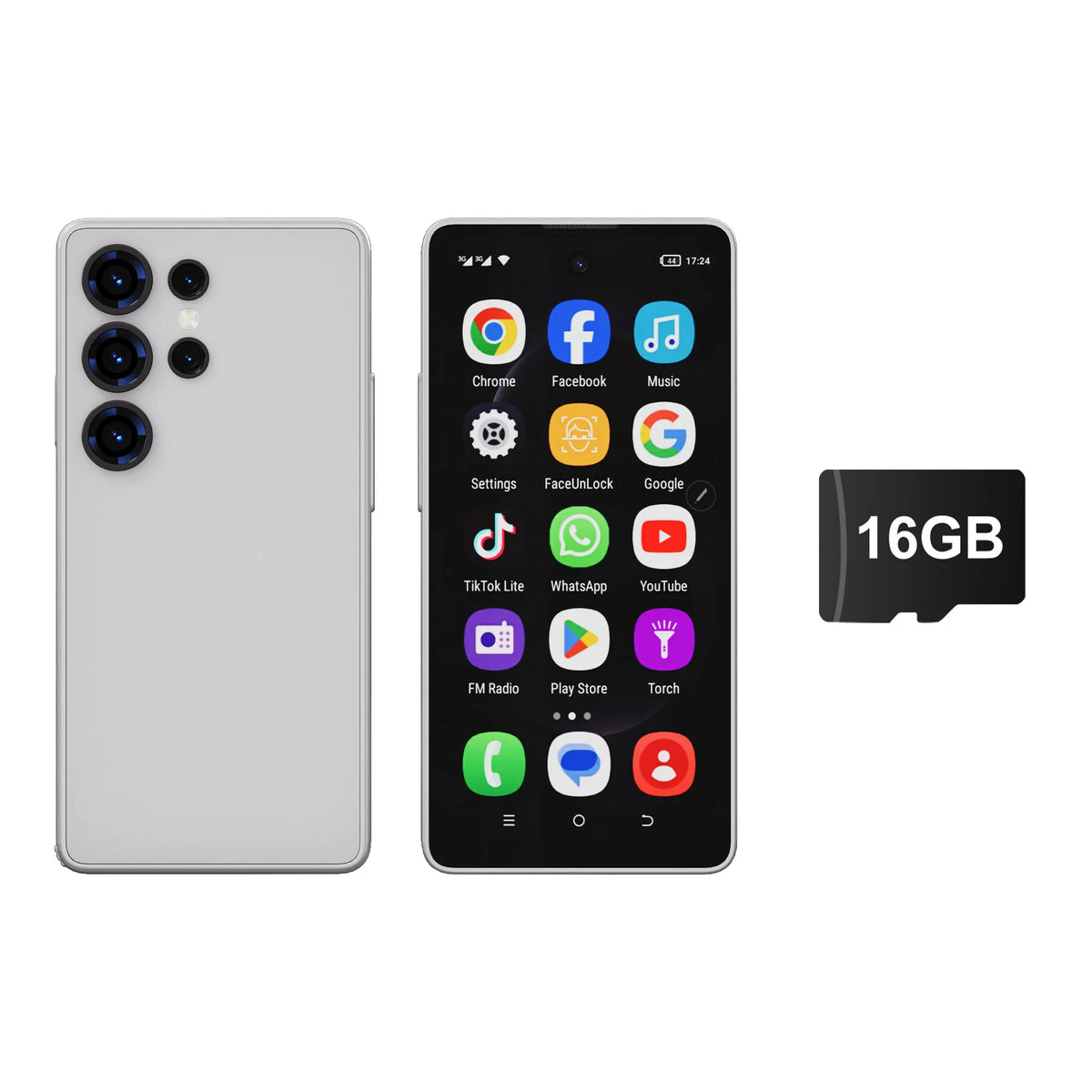 White mini smartphone, front and back views, 16GB storage shown.