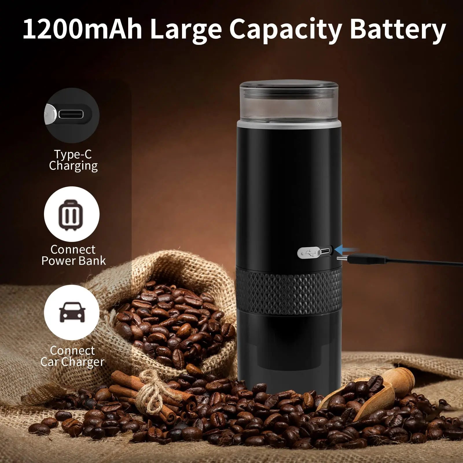 Black portable electric coffee maker with 1200mAh battery, Type-C charging, and textured grip by coffee beans.